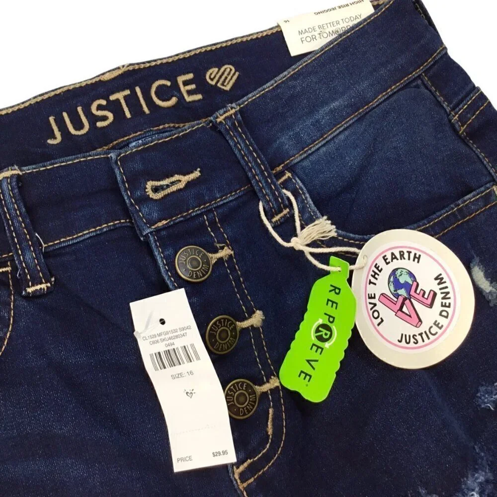 Justice Denim Jeans NWT High Rise Jegging Size 16 Repreve Distressed Dark Wash